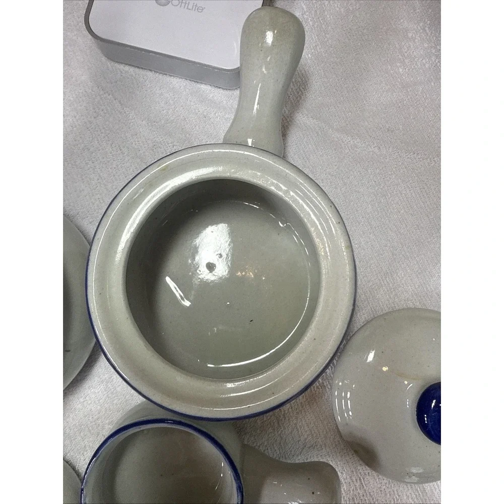 VTG Stoneware Crock French Onion Soup Cream & Blue‎ with Handle Six Pieces